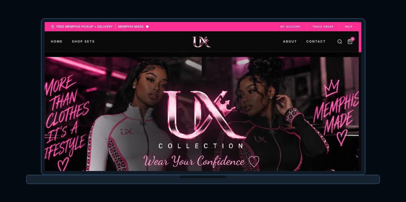 The URBXNX homepage: the UX Collection logo over two models in matching sets, with the line Wear Your Confidence.