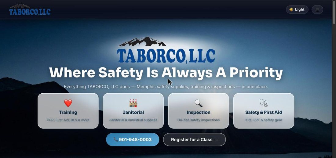 The TABORCO, LLC homepage: Where Safety Is Always A Priority, with cards for Training, Janitorial, Inspection and Safety & First Aid, plus a phone number and a Register for a Class button.