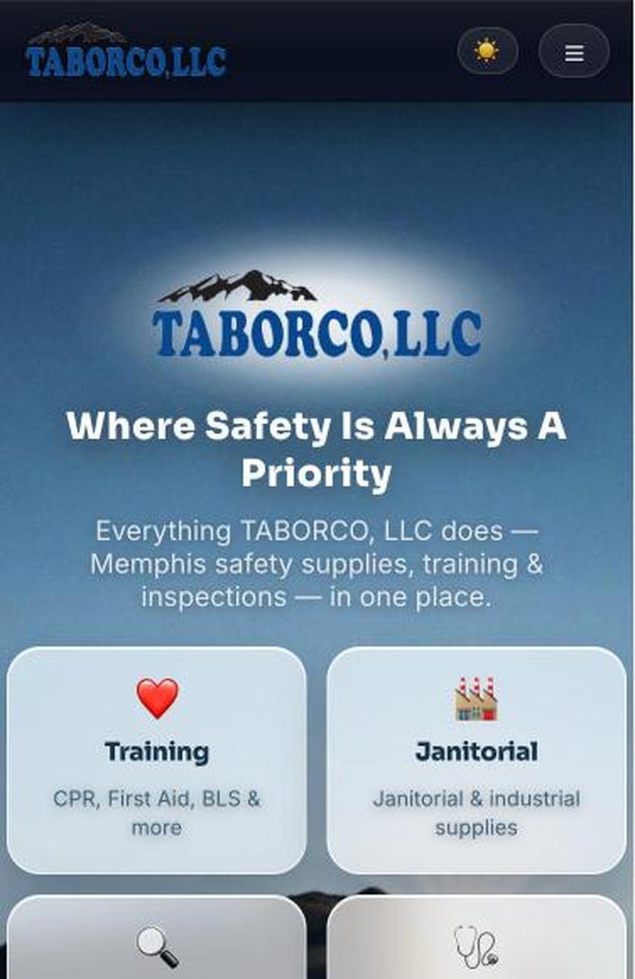 The TABORCO homepage on a phone: logo, headline, and the service cards stacked two across.