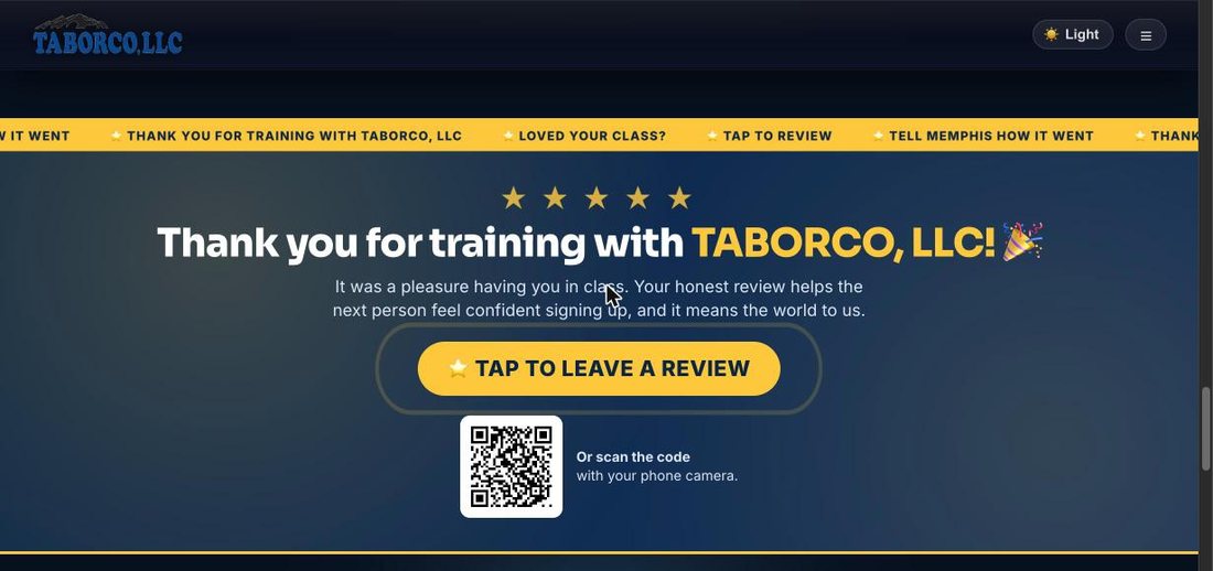The gold review banner: a star rating, the line Thank you for training with TABORCO, a Tap To Leave A Review button, and a QR code.