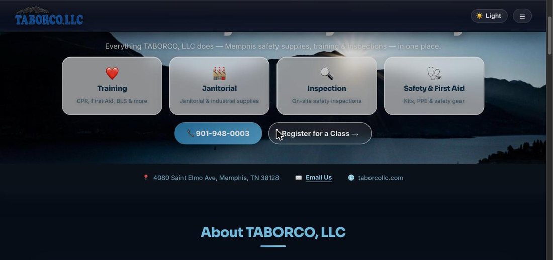 The four TABORCO service cards: Training, Janitorial, Inspection, Safety and First Aid, above the phone number and the Register for a Class button.