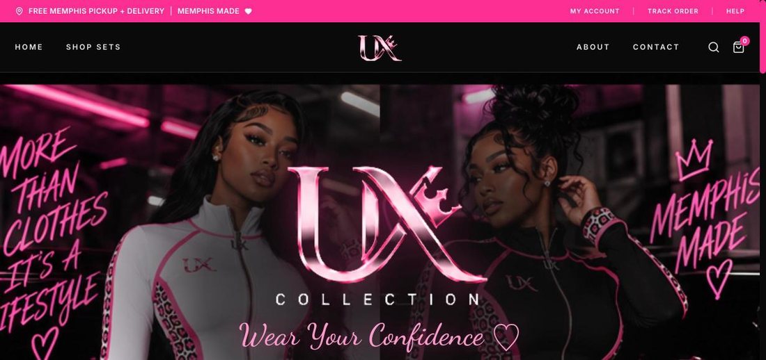 The URBXNX homepage: the UX Collection logo over two models in matching sets, with the line Wear Your Confidence and Memphis Made in neon script.