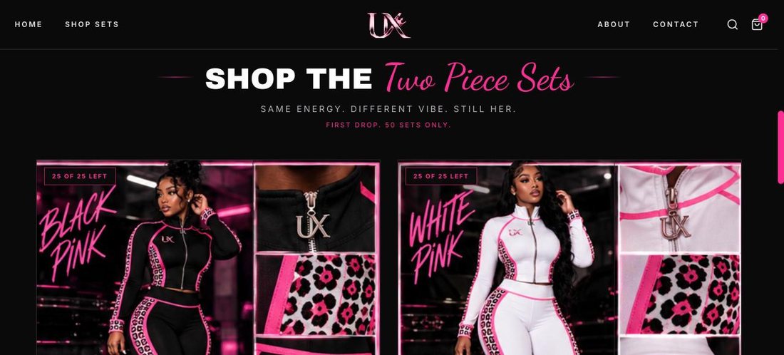 The URBXNX shop section: Shop The Two Piece Sets, with the Black Pink and White Pink sets side by side.