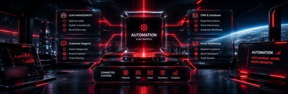 Several screens running connected business systems.